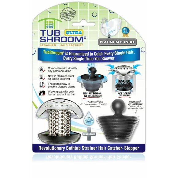 TubShroom® Ultra (Stainless) Strainer Plus StopShroom® Plug Combo for Tub Drains - Picture 1 of 8
